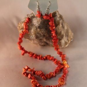 Coral Chip Necklace with Earrings